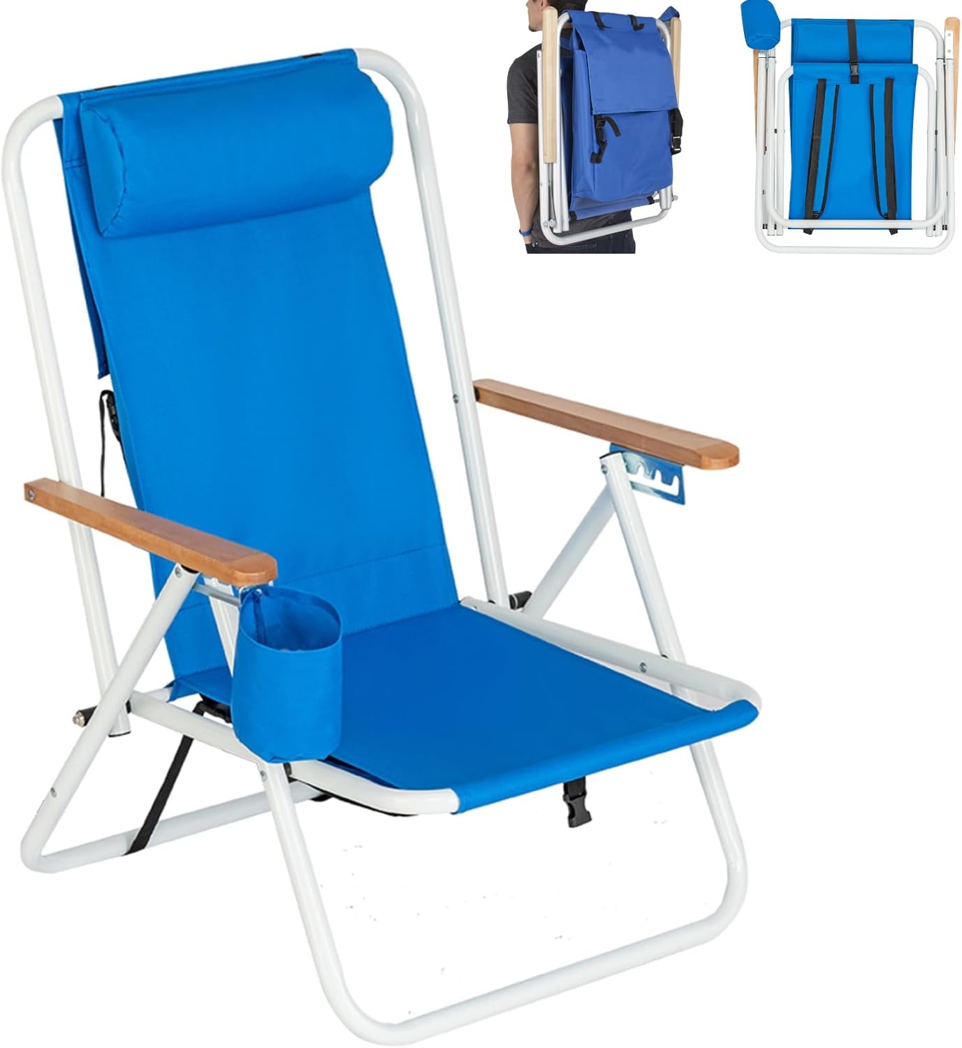 Backpack Beach Chairs for Adults - Folding Heavy Duty Camping Chair with Storage Pouch, Cup Holder & Adjustable Headrest, Lightweight Lounge Chair for Outdoor, Travel, Blue