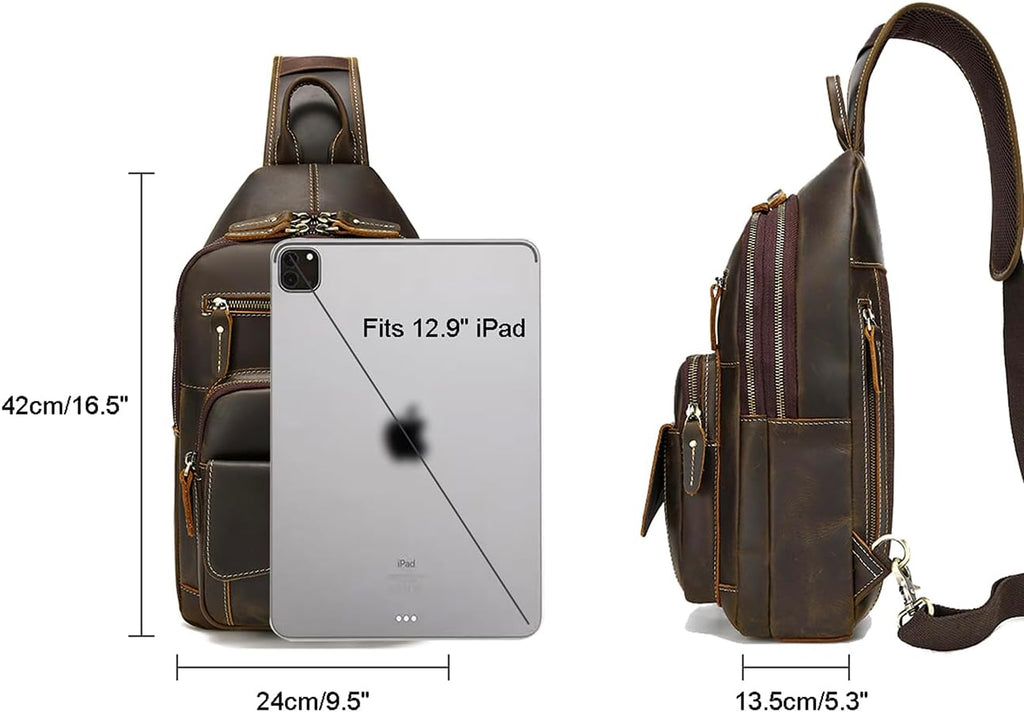 Men's Vintage Full Grain Leather Crossbody Sling Bag with Multi-Pocket, Fits 12.9" iPad G23017