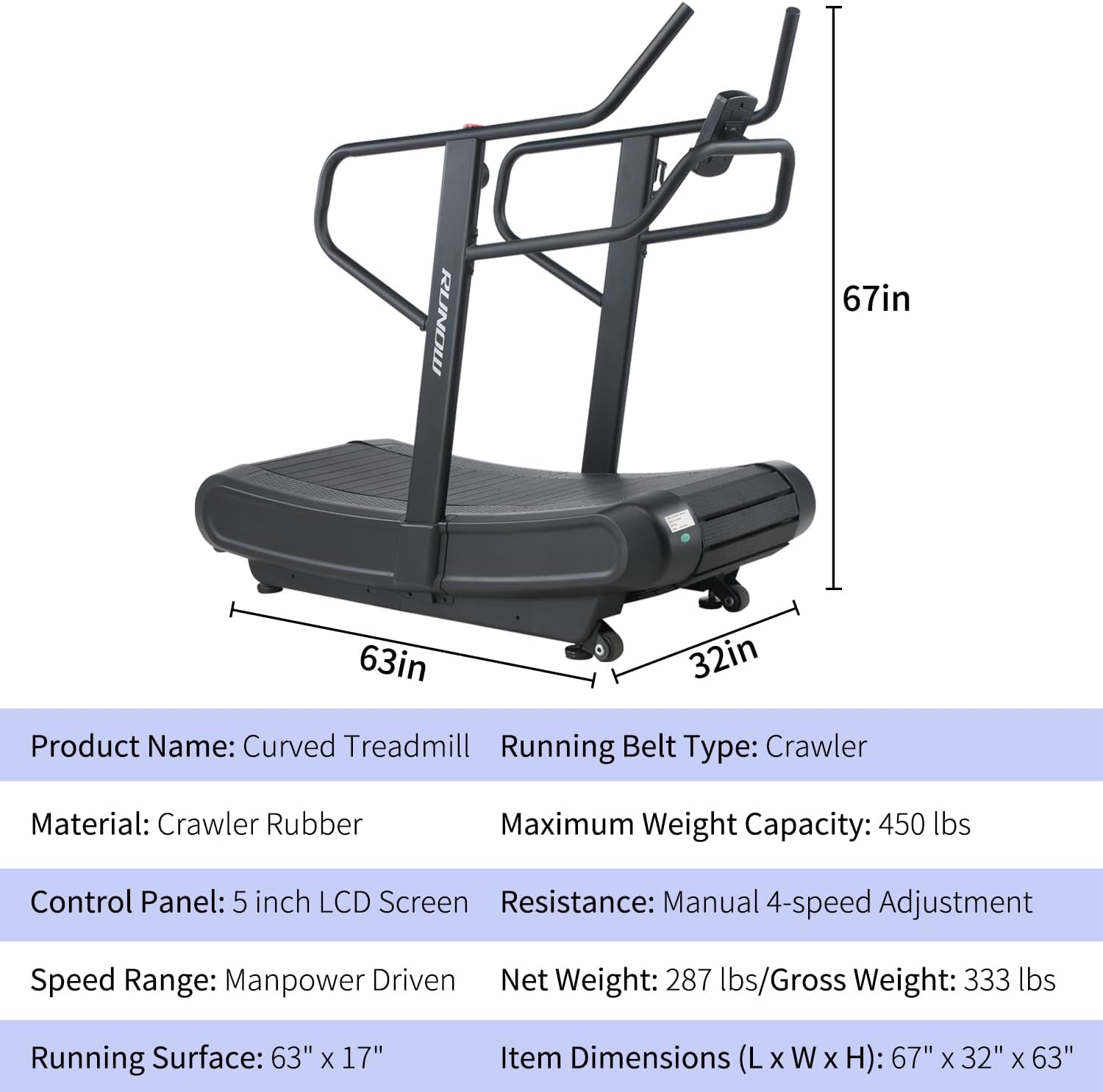 RUNOW Curved Treadmill Non-electric Motorized for Home and Commercial Use X19454