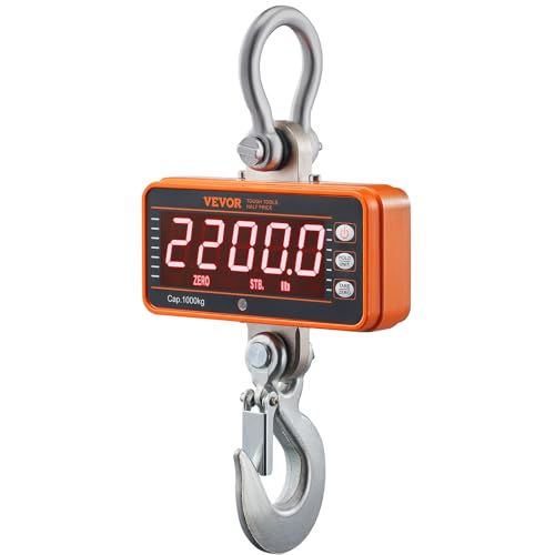 VEVOR Crane Scale, Hanging Scale Industrial Heavy Duty, Digital Crane Scale with Remote Control, Cast Aluminum Case & LED Screen, 2200 lbs/1000 kg,High Precision for Construction, Factory, Farm