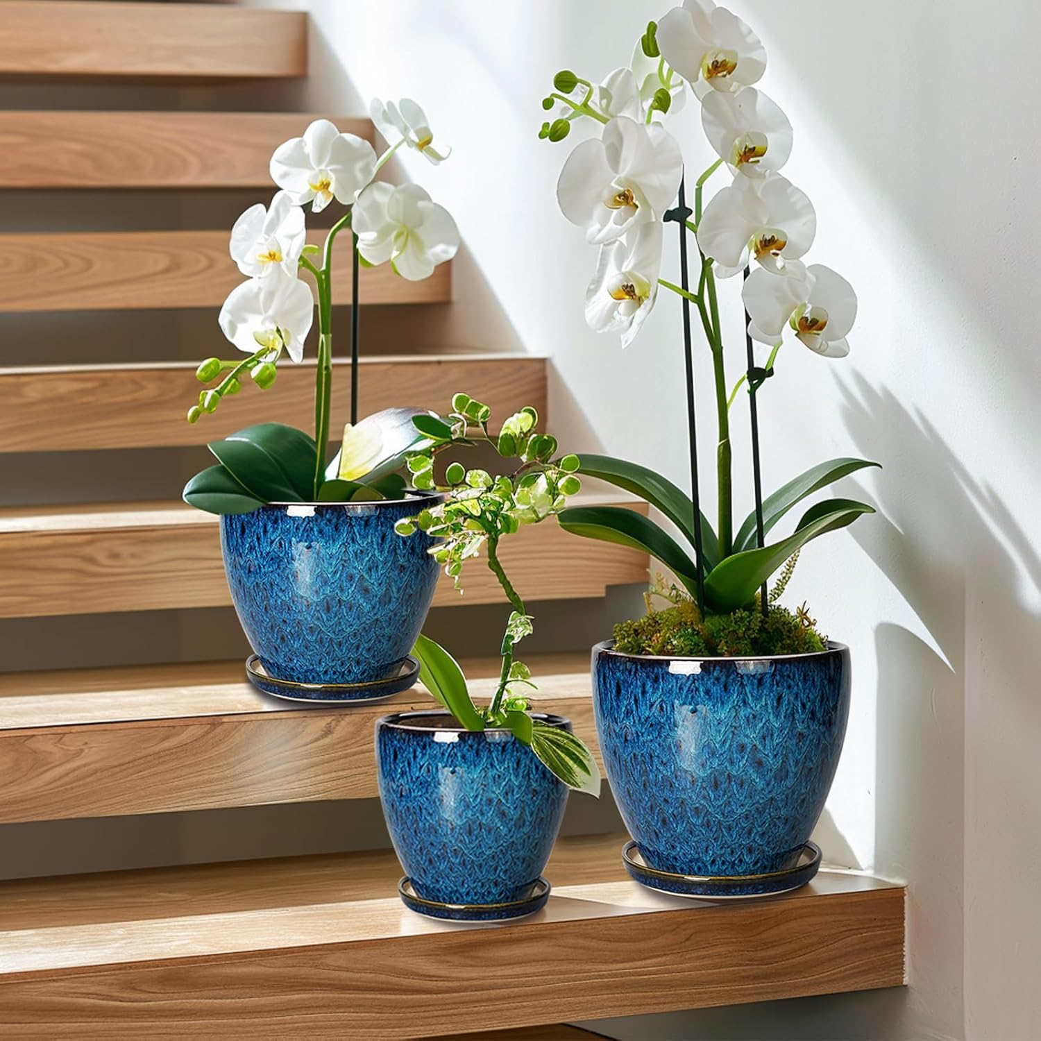 Ceramic Plant Pots with Drainage Holes and Saucers, Set of 3, Blue C79869
