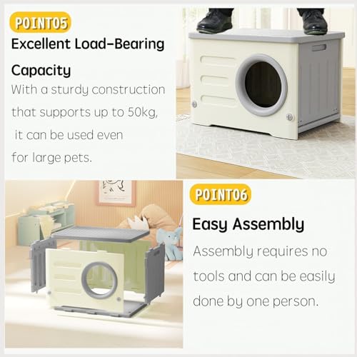 Plastic Cat House for Outdoor Indoor Use, Stackable Feral Cat Shelter with Cat Bed Mat (Gray) D3330