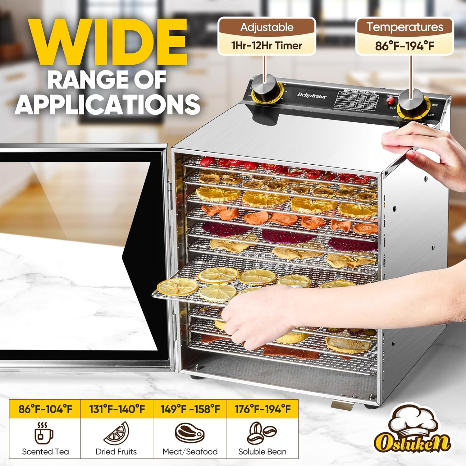 Food Dehydrator 800W, 12 Stainless Steel Trays, Timer & Temperature Control E154734