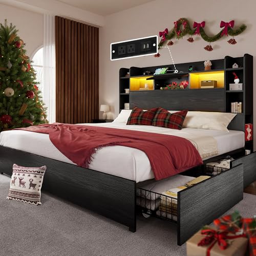 YITAHOME Queen Bed Frame with Bookcase Headboard and 4 Storage Drawers, Black L762695