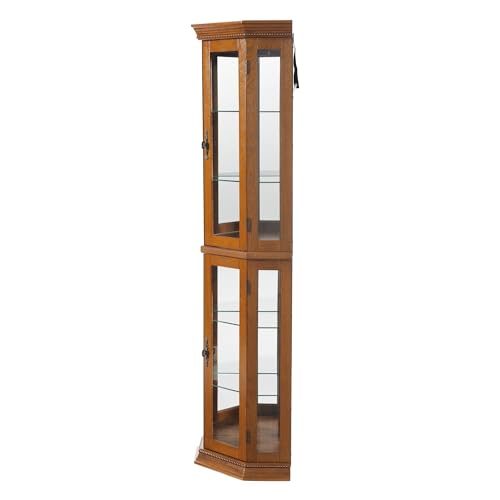 Suteck Corner Curio Cabinet with Lights, Tempered Glass Shelves, Cherry I643