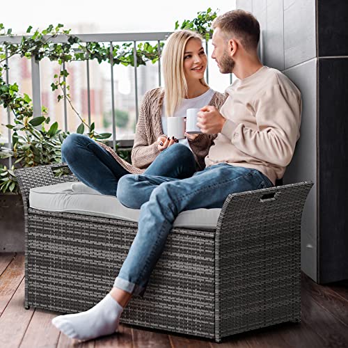 YITAHOME 90 Gallon Outdoor Wicker Storage Bench with Cushion, Black & Beige K940826