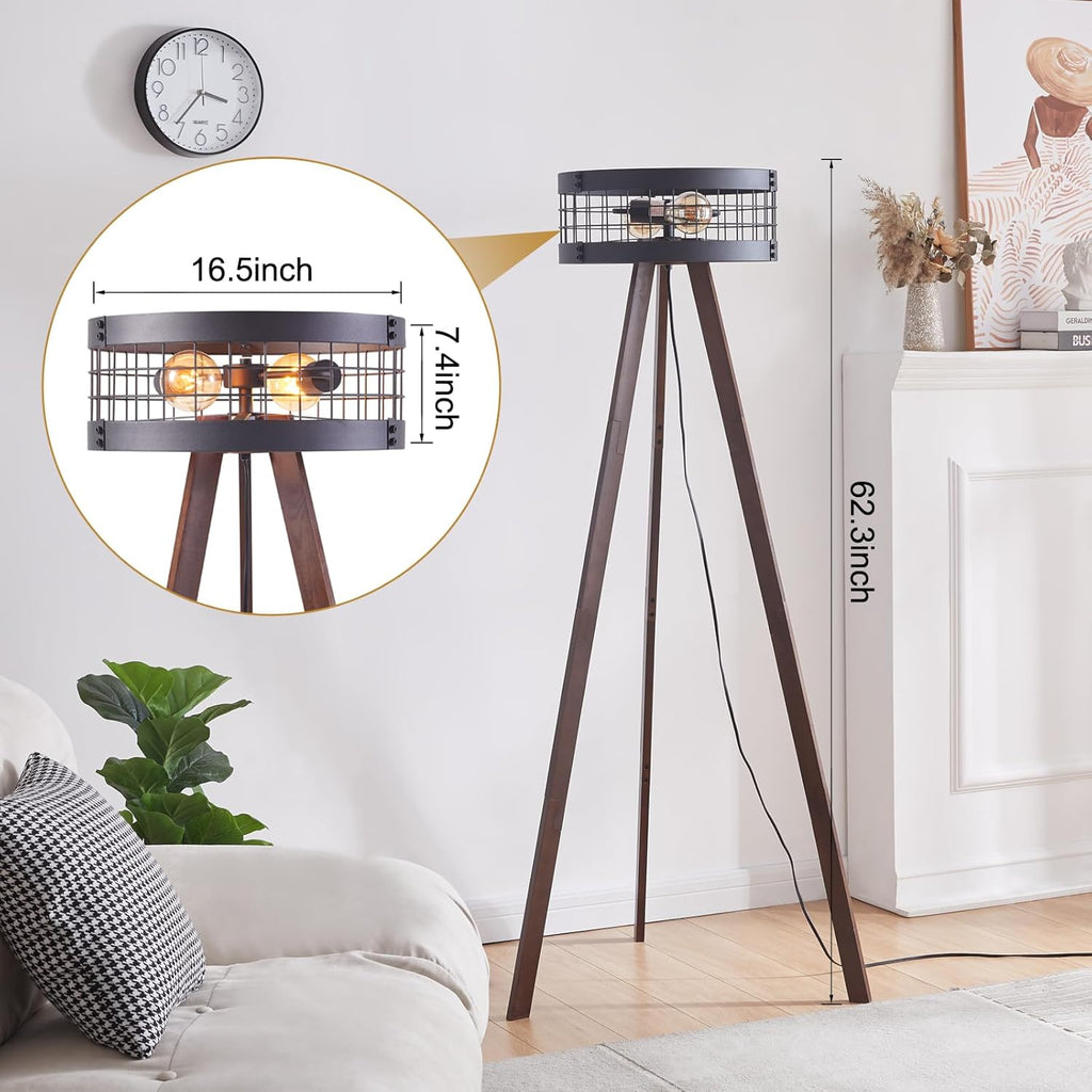 Wood Tripod Floor Lamp with Metal Drum Shade, E26 Base U2299
