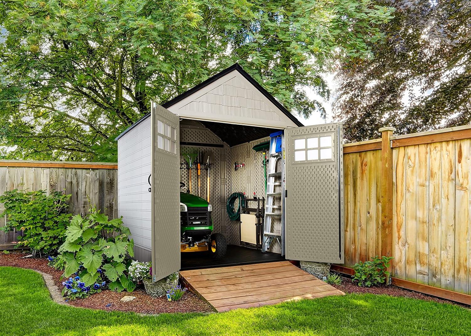 Rubbermaid Resin Outdoor Storage Shed with Floor, 7 x 7 Ft, Beige/Brown Q789479