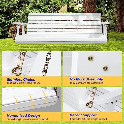 VINGLI Patio Wooden Porch Swing Chair with Hanging Chains, 5 FT, White W381253