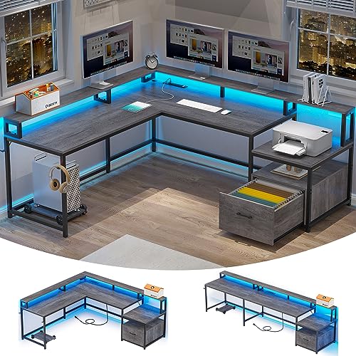 SEDETA L Shaped Gaming Desk, 66" Home Office Desk with File Drawer & Power Outlet, Corner Gaming Computer Desk with Led Lights, Monitor Shelf and Printer Storage Shelves, Two Person Desk, Black