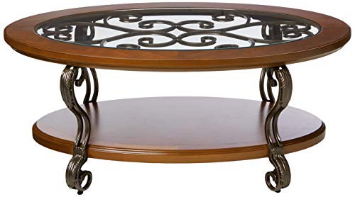 Signature Design by Ashley Nestor Oval Coffee Table with Beveled Glass Top, Dark Brown A22716