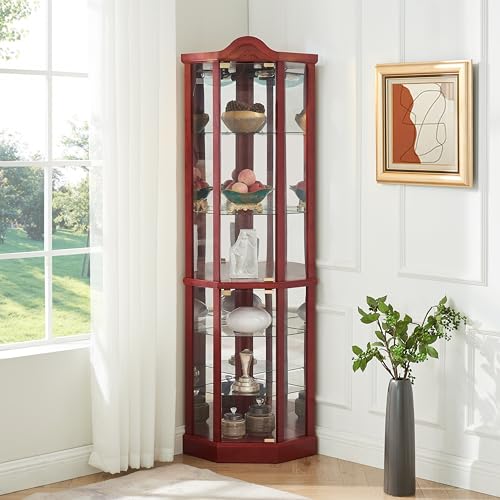AMNOOL Glass Cabinet Lighted Antique Corner Curio Display Cabinet with Adjustable Shelves, Cherry W306442