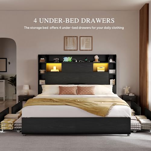 YITAHOME Queen Bed Frame with Bookcase Headboard and 4 Storage Drawers, Black L762695