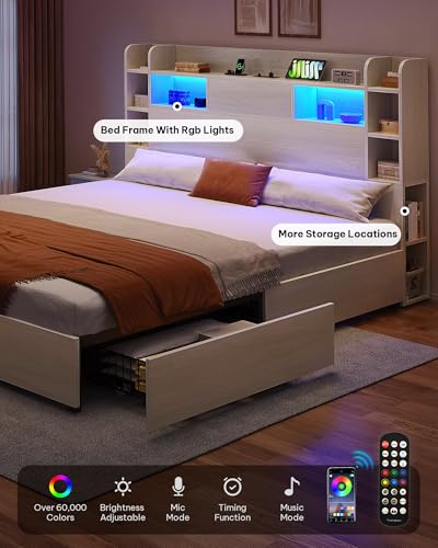 YITAHOME Queen Bed Frame with Bookcase Headboard and 4 Storage Drawers, Black L762695