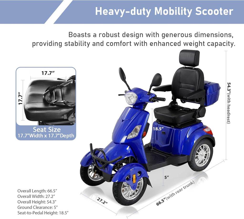 Heavy Duty 4-Wheel Mobility Scooter 800W for Adults & Seniors, Blue I848
