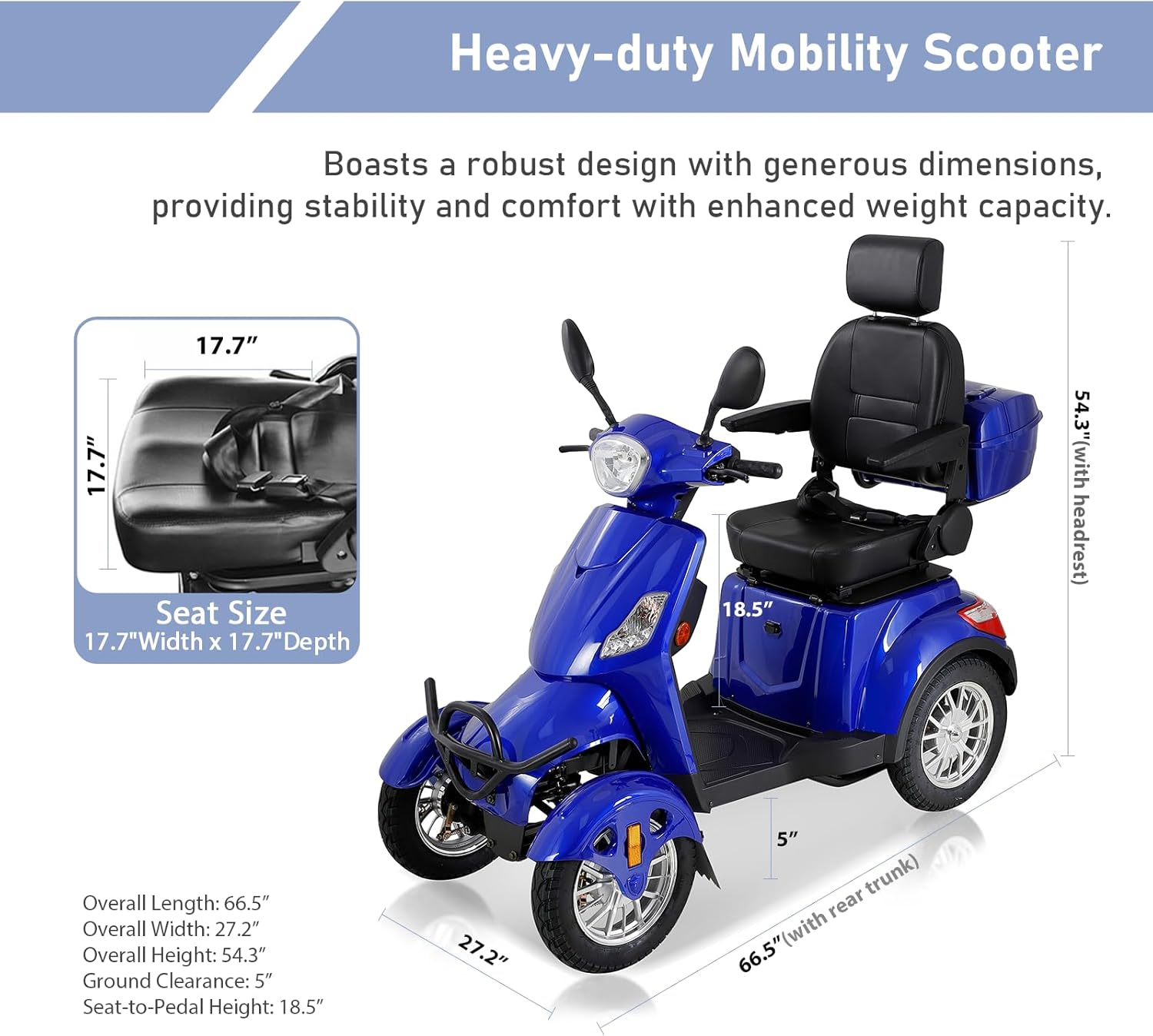 Heavy Duty 4-Wheel Mobility Scooter 800W for Adults & Seniors, Blue I848