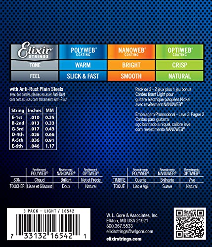 Elixir Electric Guitar Strings NANOWEB Light 10-46 6-String Set 3-Pack N647675