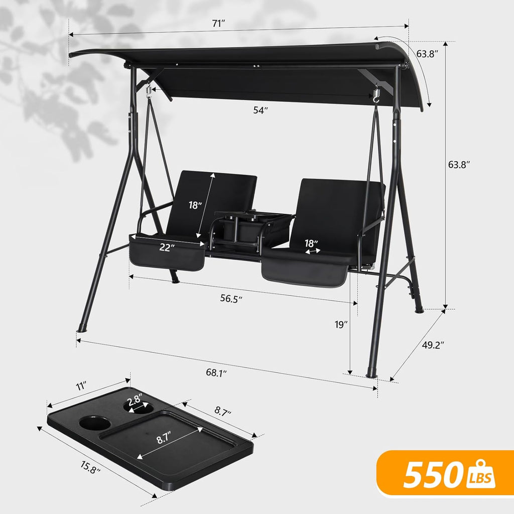 VINGLI Outdoor Porch Swing with Canopy, Heavy Duty 550 LBS, Black O852