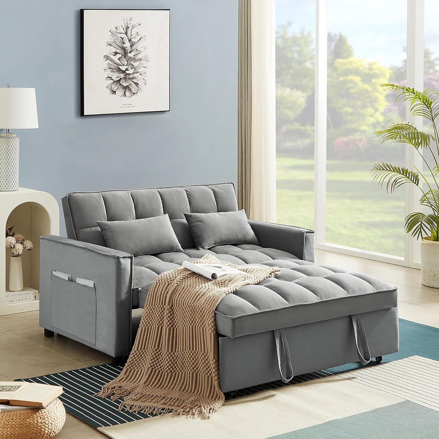 Eafurn 3 in 1 Multi-Functional Convertible Sleeper Sofa Bed, Modern Futon Loveseat Pull Out Couch with Reclining Adjustable Backrest & Side Pockets for Apartment Living Room Bedroom, Grey 55.2"