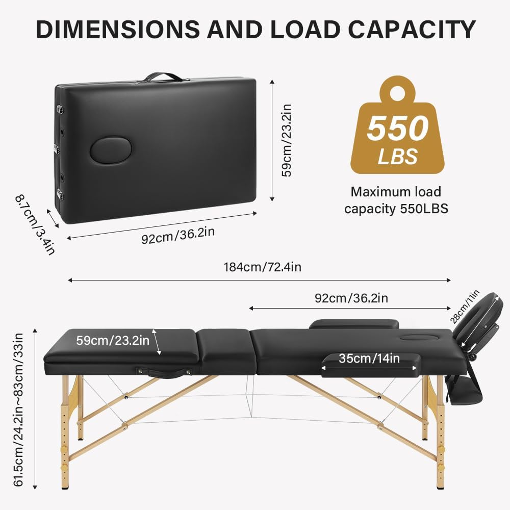 KKTONER Portable Massage Table 3 Fold Folding Bed with Carry Case, Height Adjustable, Black I184534