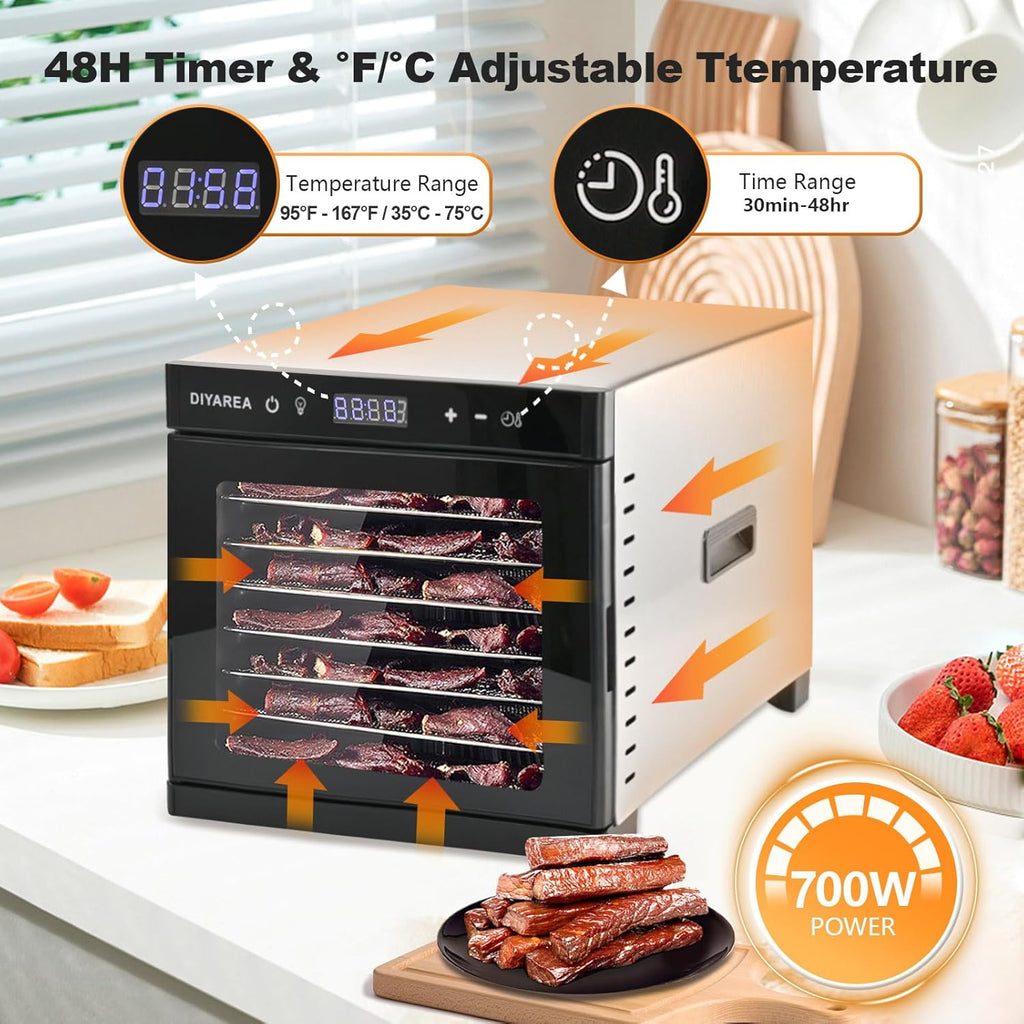 Food Dehydrator for Jerky, 8 Stainless Steel Trays, 167°F & 48H Timer B83273