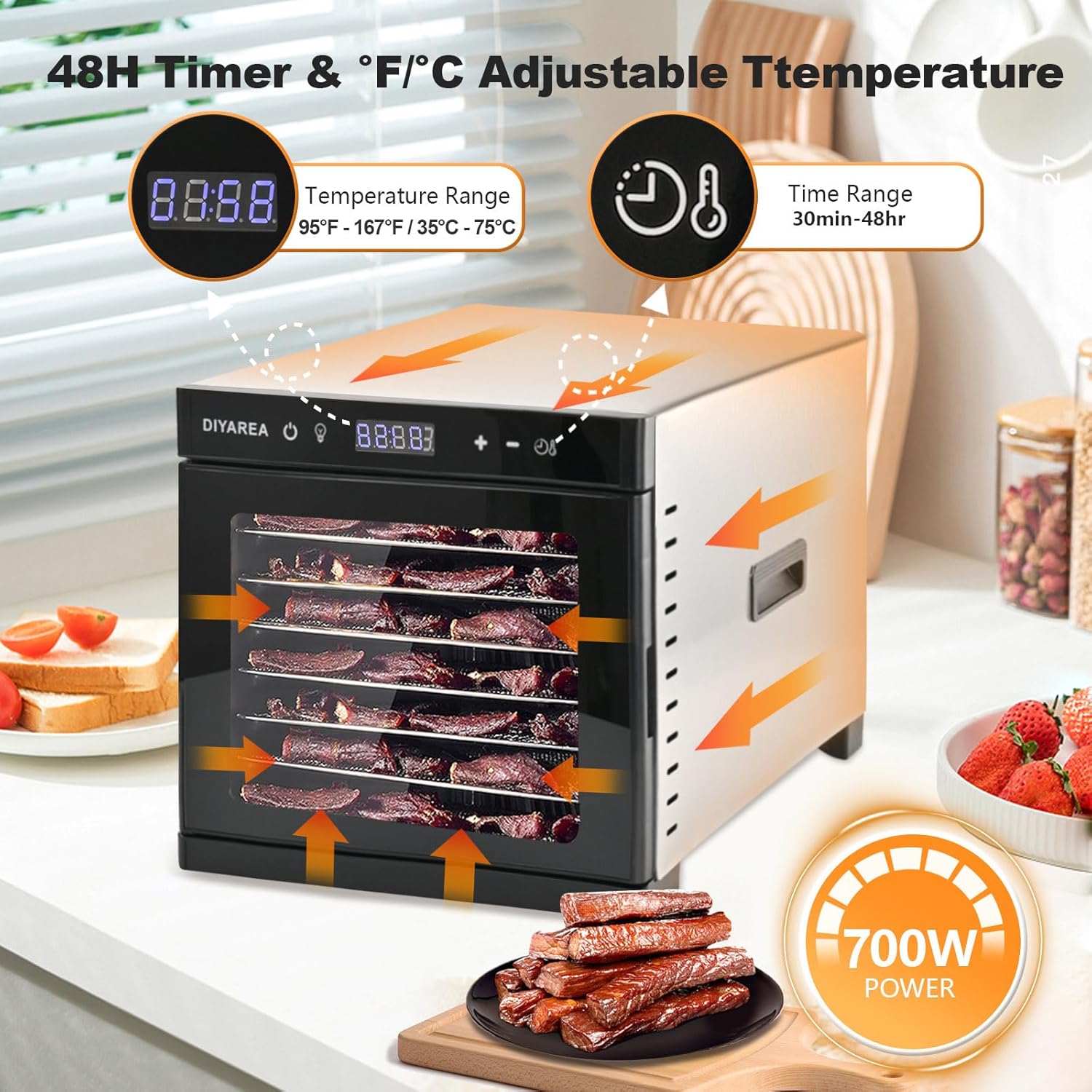 Food Dehydrator for Jerky, 8 Stainless Steel Trays, 167°F & 48H Timer B83273