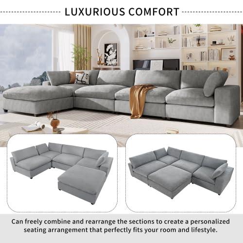 Upholstered Oversize Modular Sofa with Ottoman, 5-Seater, Beige H7229