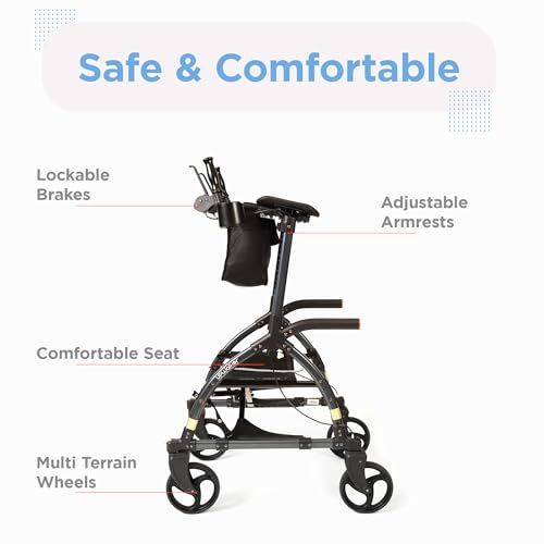 Journey UPWalker Standard – Lightweight Adjustable Upright Rollator Walker with Seat X21118