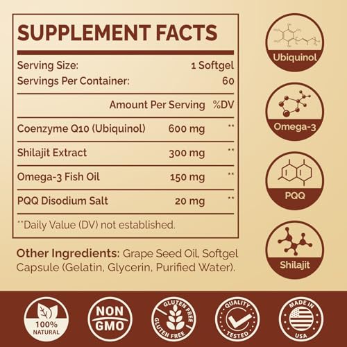 Ubiquinol CoQ10 600 MG Softgels with Omega-3, Shilajit & PQQ, 60 Servings H1468