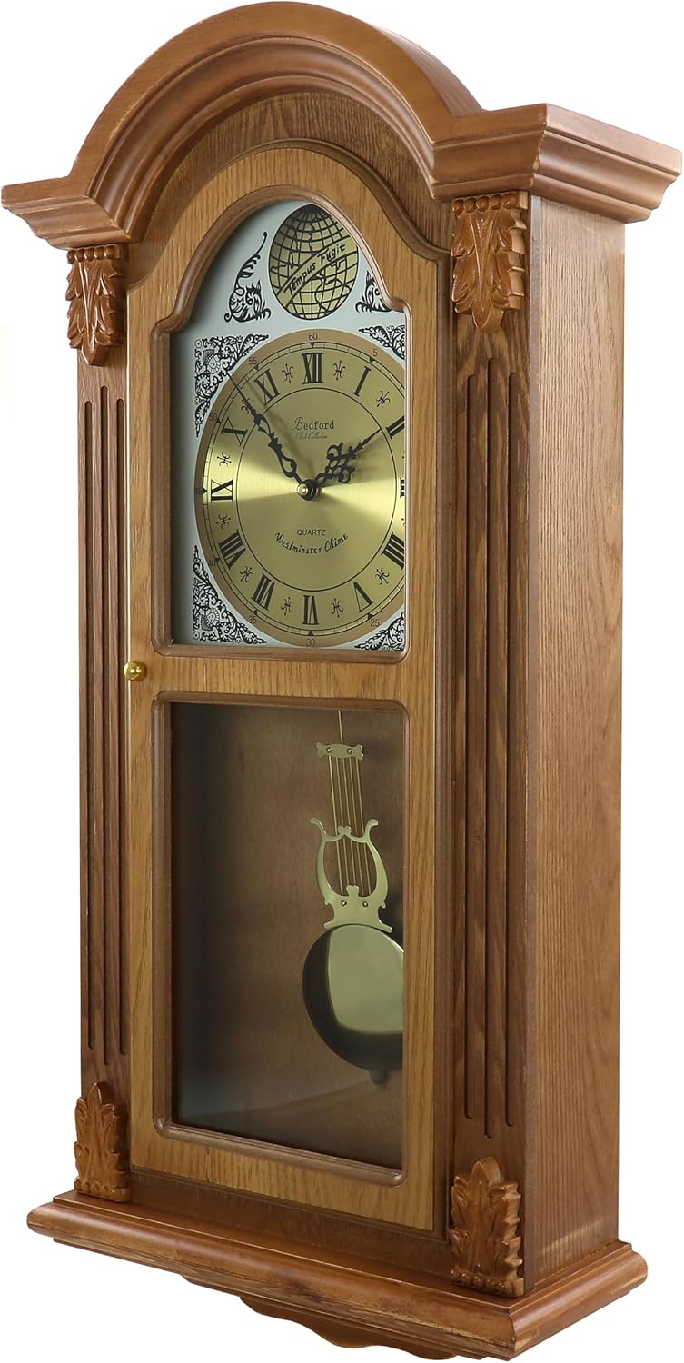 Bedford Clock Collection Honey Oak Chiming Pendulum Wall Clock C595