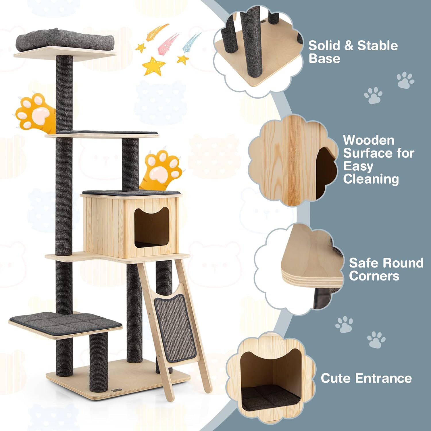PETSITE 69" Tall Wooden Cat Tree Tower with Sisal Posts, Grey O423