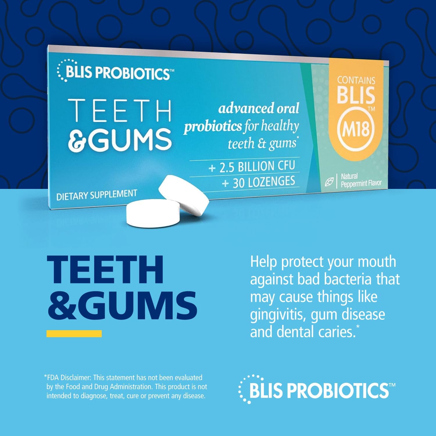 BLIS Teeth & Gums Oral Probiotics M18 Formula, 2.5 Billion CFU, Sugar-Free Lozenges, 30 Day Supply O148426