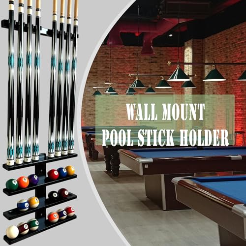 Wall-Mounted Pool Stick Holder Hardwood Rack for 8 Cues, Black Z37042