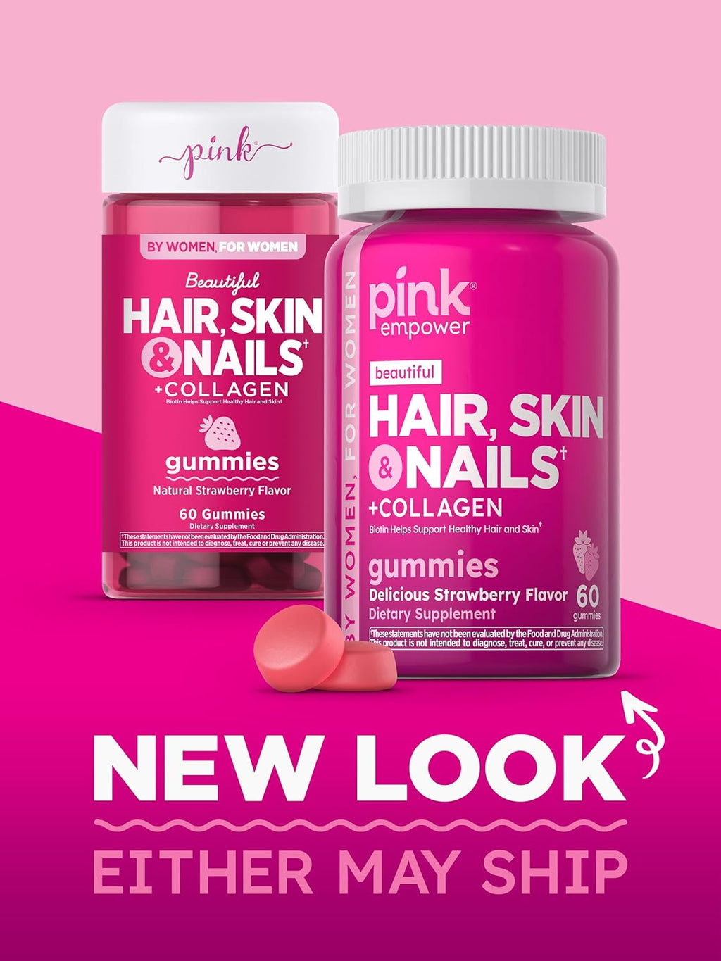 PINK Hair Skin Nails Gummies with Collagen & Biotin, Strawberry, 60 Count Z957016