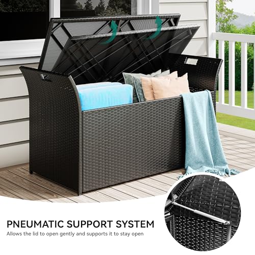 YITAHOME 90 Gallon Outdoor Wicker Storage Bench with Cushion, Black & Beige K940826
