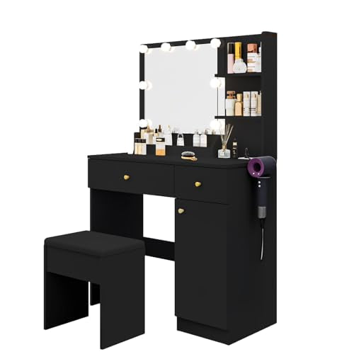 Vanity Desk with Mirror and Lights, Dimmable LED Makeup Table with Drawers and Stool, White K410427