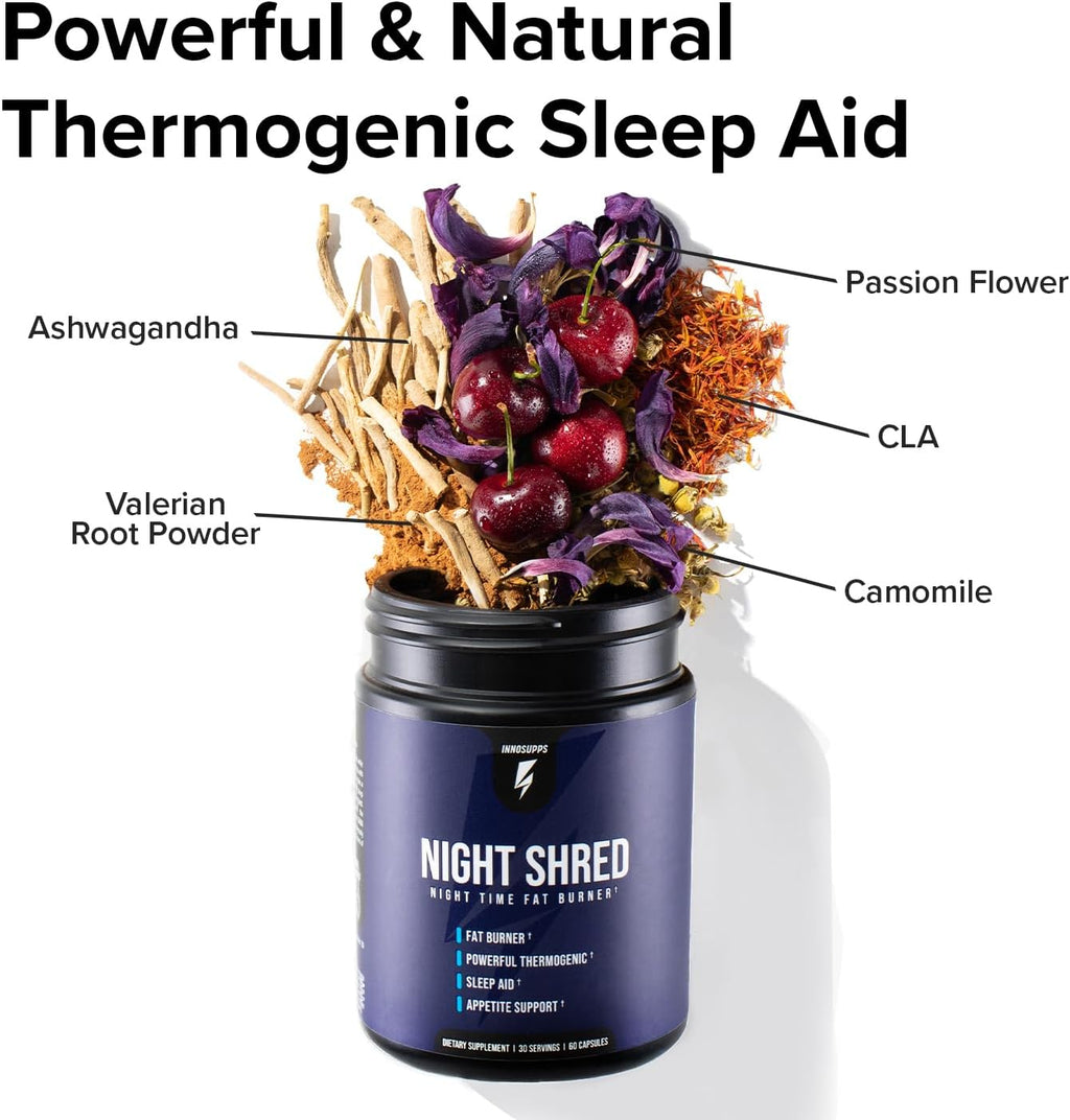 Night Shred Fat Burner & Sleep Support with Ashwaganda, 5-HTP, CLA, Melatonin - 60 Capsules U410621