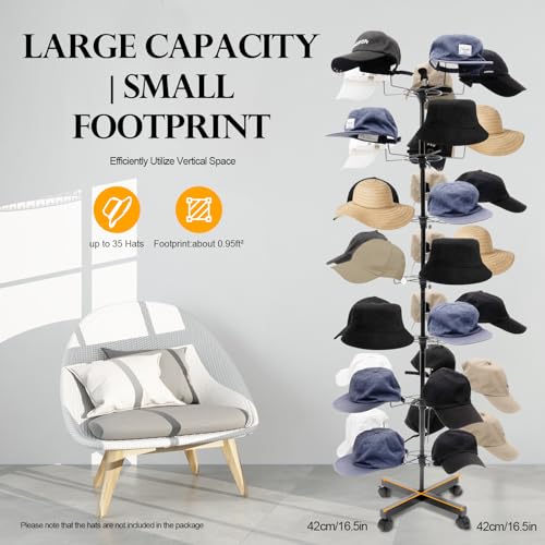 7-Tier Rotating Hat Display Rack, 35 Hooks Metal Freestanding Black S320190