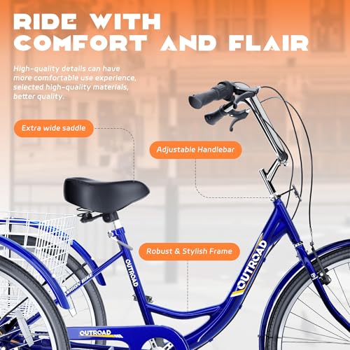 Adult Tricycle with Large Basket 24/26 Inch, 7-Speed 3-Wheel Bike I7207