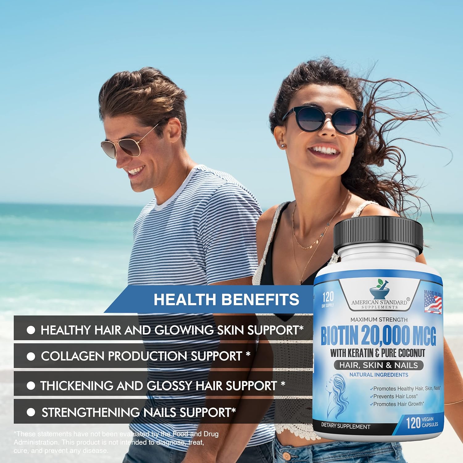 Biotin 20,000mcg with Keratin, Coconut & Zinc, Hair Growth Supplements, 120 Vegan Capsules Y995559