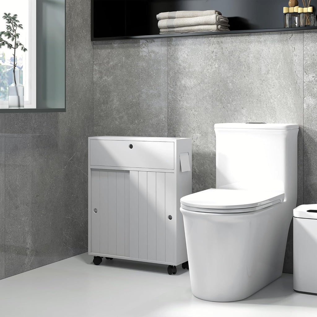 kleankin Toilet Paper Cabinet, Slim Bathroom Storage with Rolling Wheels, White K6711