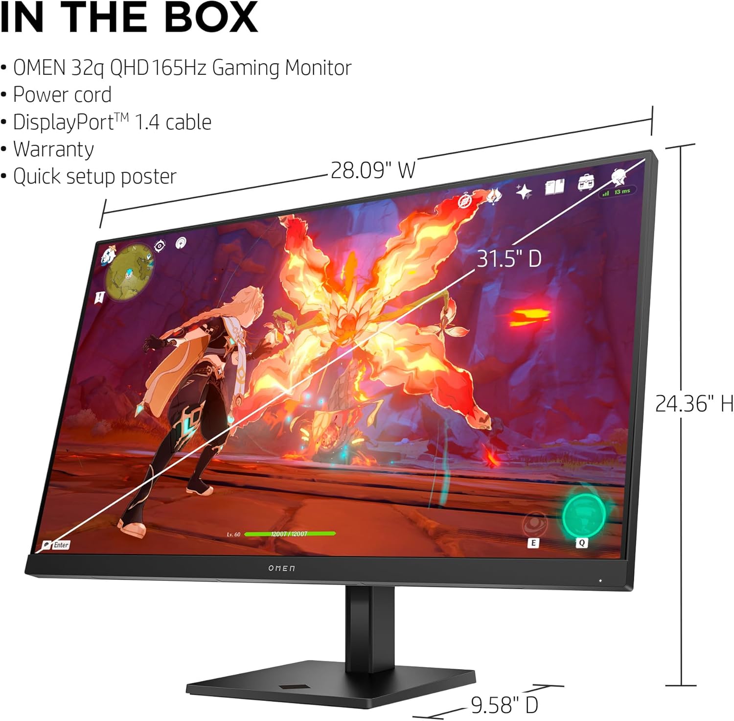 HP OMEN 32q QHD 165Hz Gaming Monitor, IPS Panel, AMD FreeSync Premium O34458