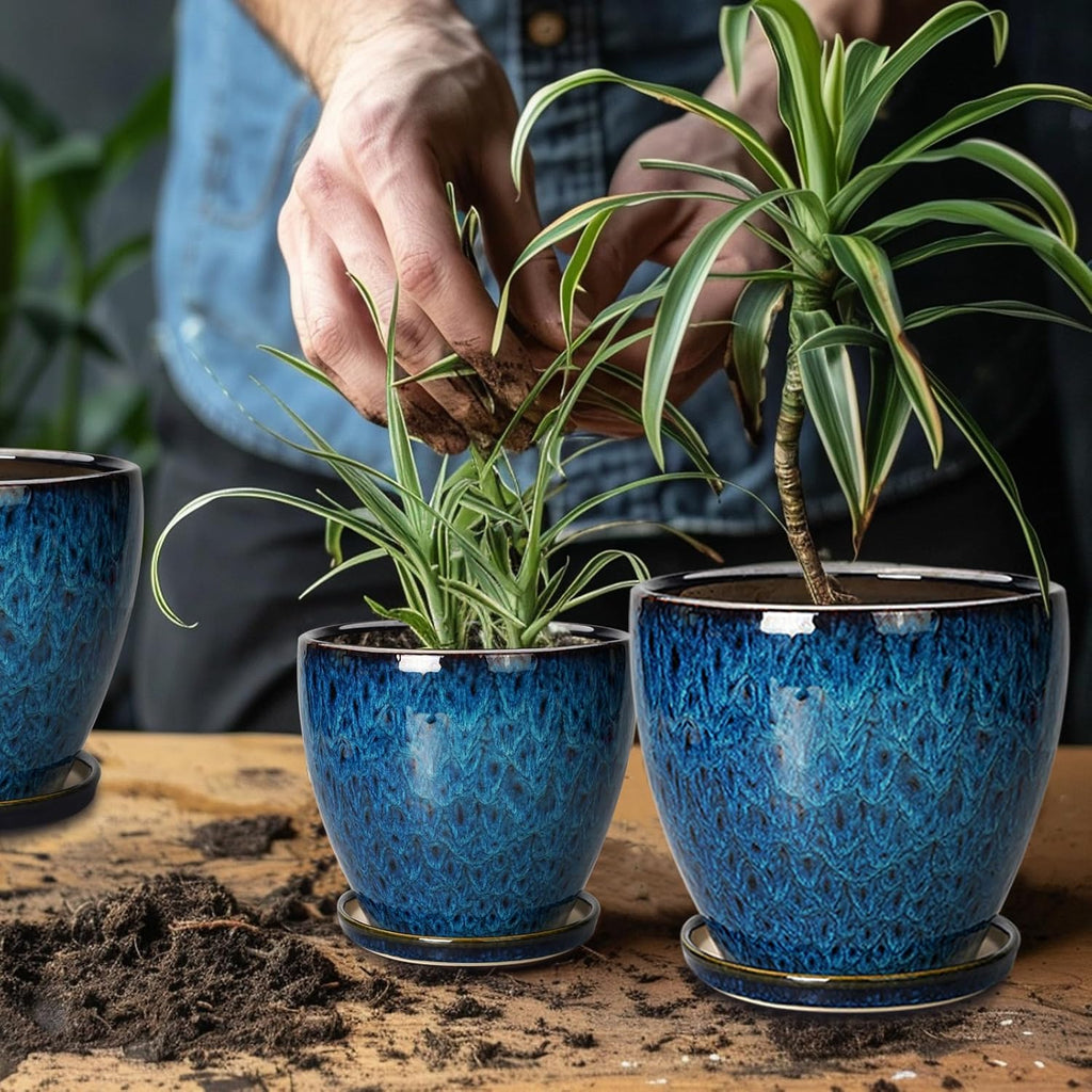Ceramic Plant Pots with Drainage Holes and Saucers, Set of 3, Blue C79869