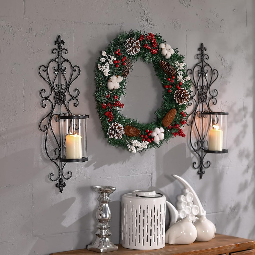 Antique Dark Brown Iron Glass Candle Wall Sconces Set of 2, 24" H V75786