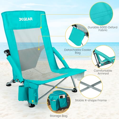 Beach Chair 2-Pack with Cooler Bag, High Back Camping Chair, Blue O8487
