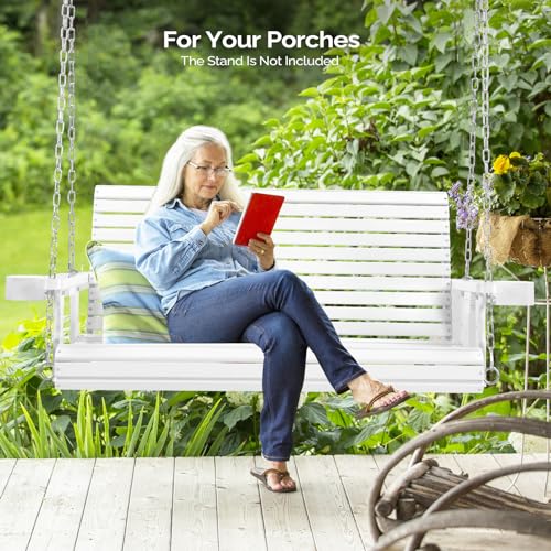 VINGLI Patio Wooden Porch Swing Chair with Hanging Chains, 5 FT, White W381253