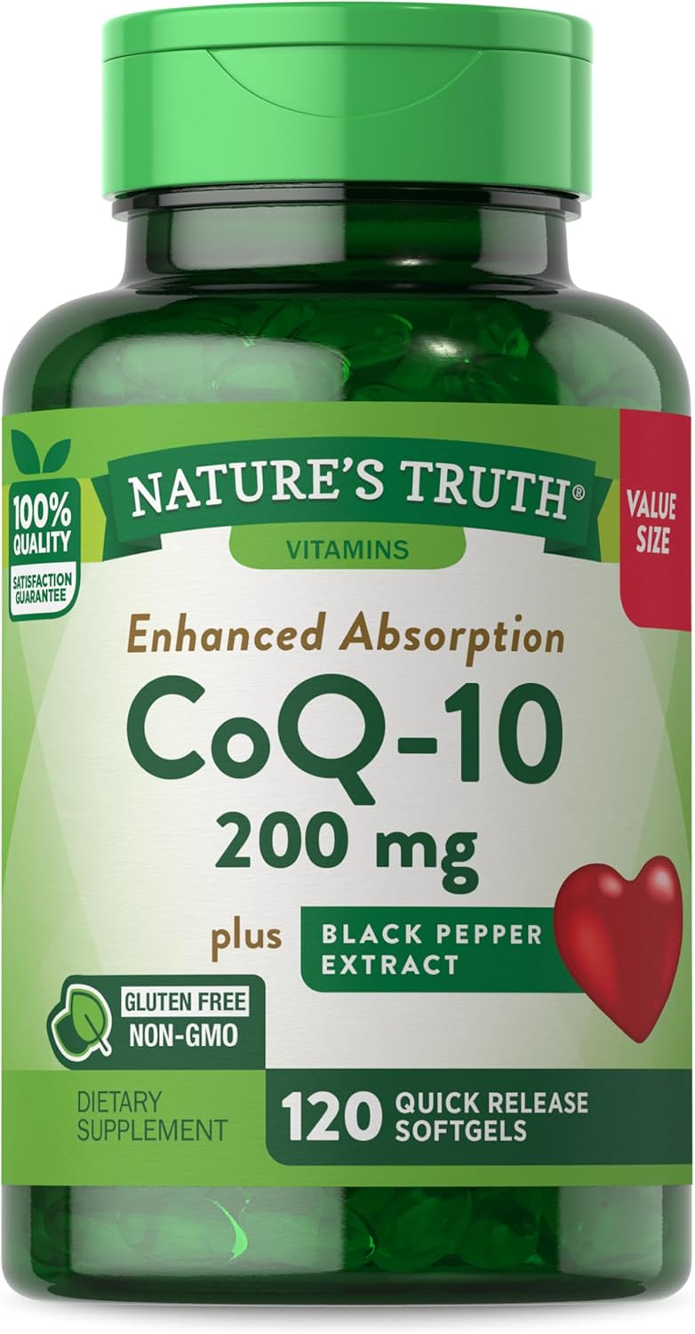 CoQ10 200mg | 120 Softgels | High Absorption | Non-GMO & Gluten Free Coenzyme Supplement | with Black Pepper Extract | by Nature's Truth