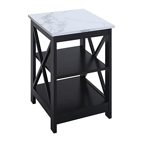 Convenience Concepts Oxford End Table with Storage Shelves, White Faux Marble/Black N969