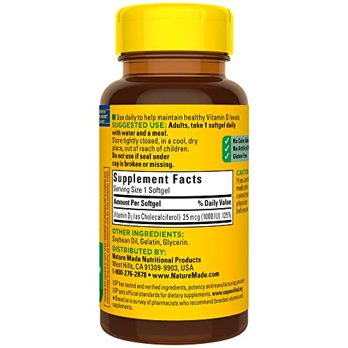 Nature Made Vitamin D3 1000 IU Softgels, 180 Count V67471