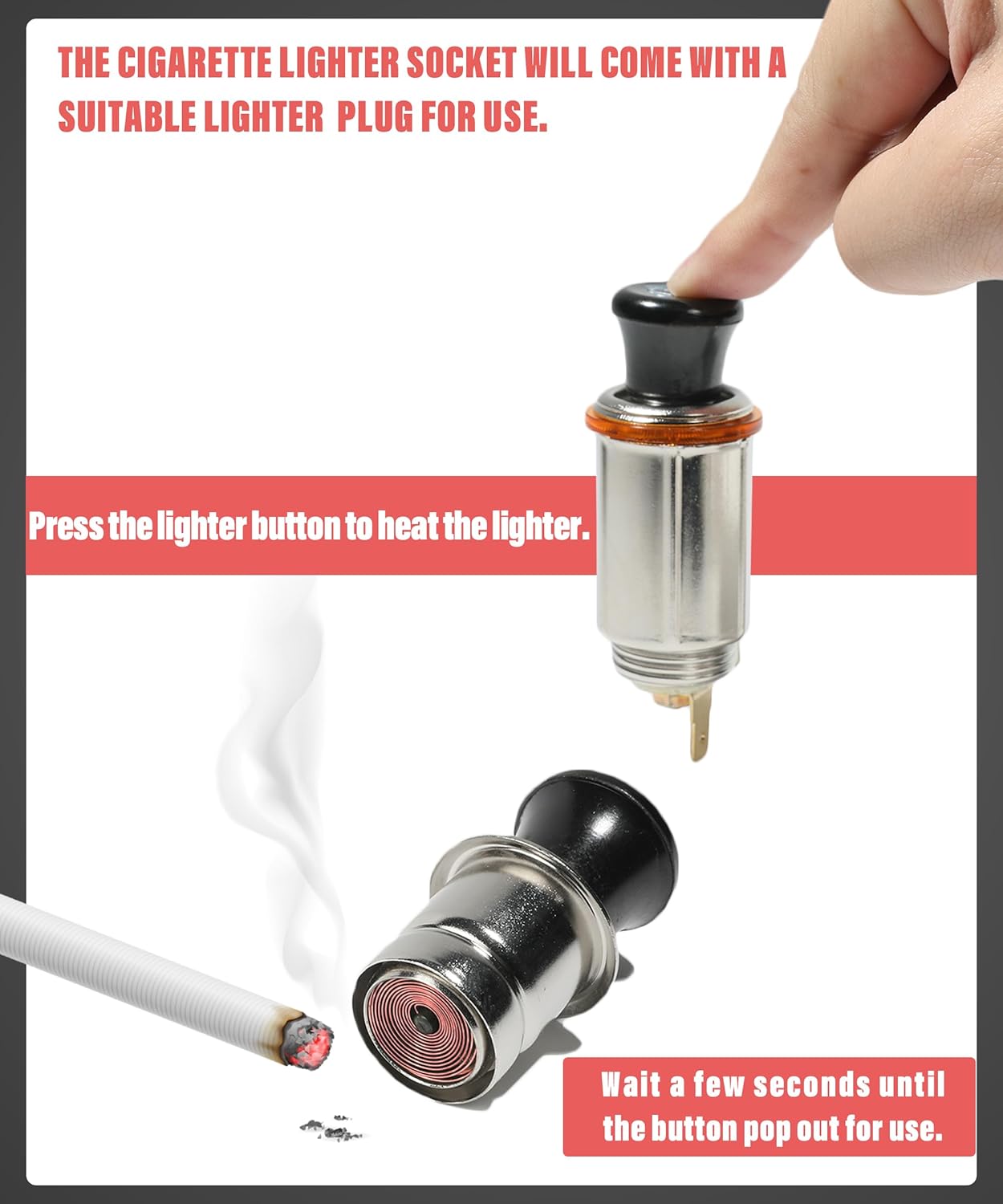 Car Cigarette Lighter with Cable, 12V Socket with Eject Button J532